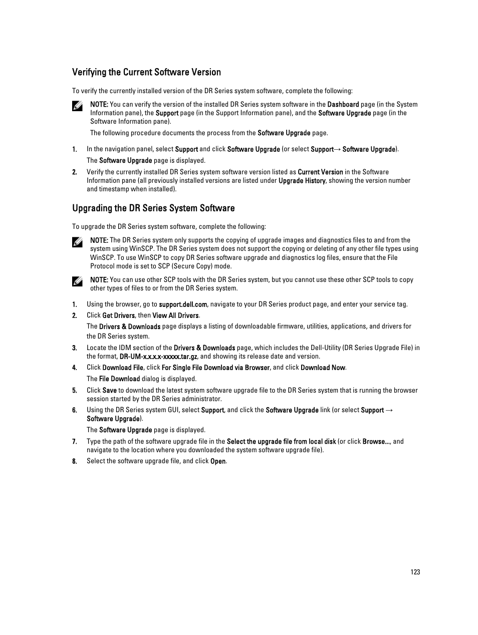 Verifying the current software version, Upgrading the dr series system software | Dell PowerVault DR2000v User Manual | Page 123 / 191