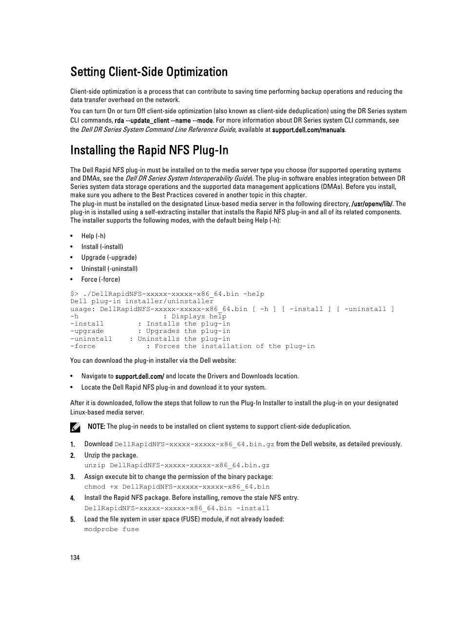 Setting client-side optimization, Installing the rapid nfs plug-in | Dell PowerVault DR2000v User Manual | Page 134 / 191