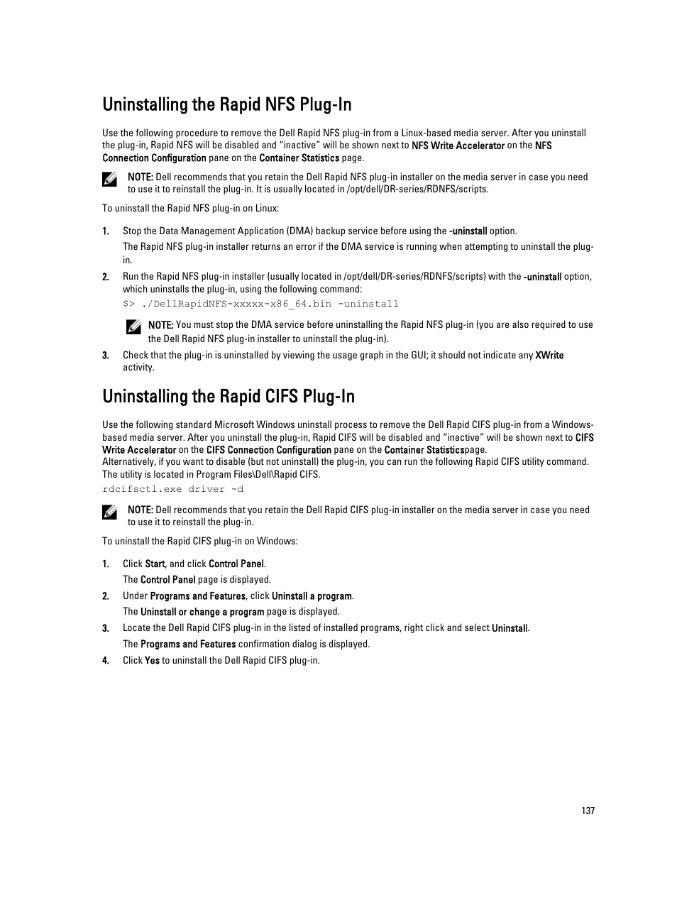 Uninstalling the rapid nfs plug-in, Uninstalling the rapid cifs plug-in | Dell PowerVault DR2000v User Manual | Page 137 / 191