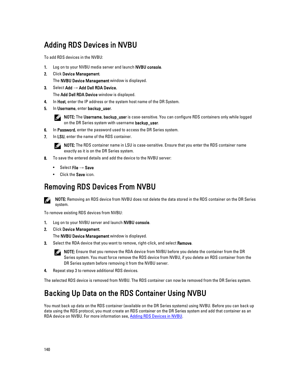 Adding rds devices in nvbu, Removing rds devices from nvbu, Backing up data on the rds container using nvbu | Dell PowerVault DR2000v User Manual | Page 140 / 191