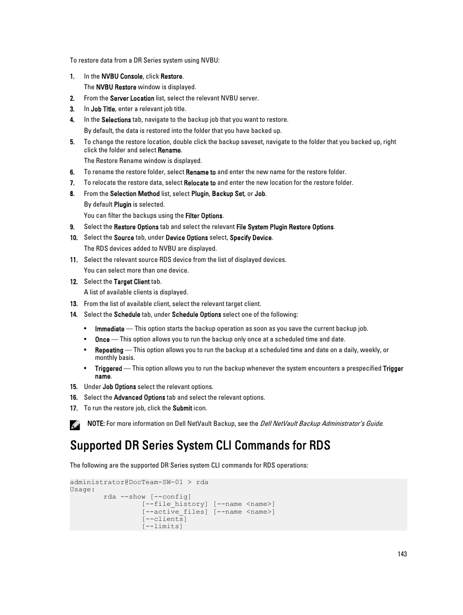 Supported dr series system cli commands for rds | Dell PowerVault DR2000v User Manual | Page 143 / 191