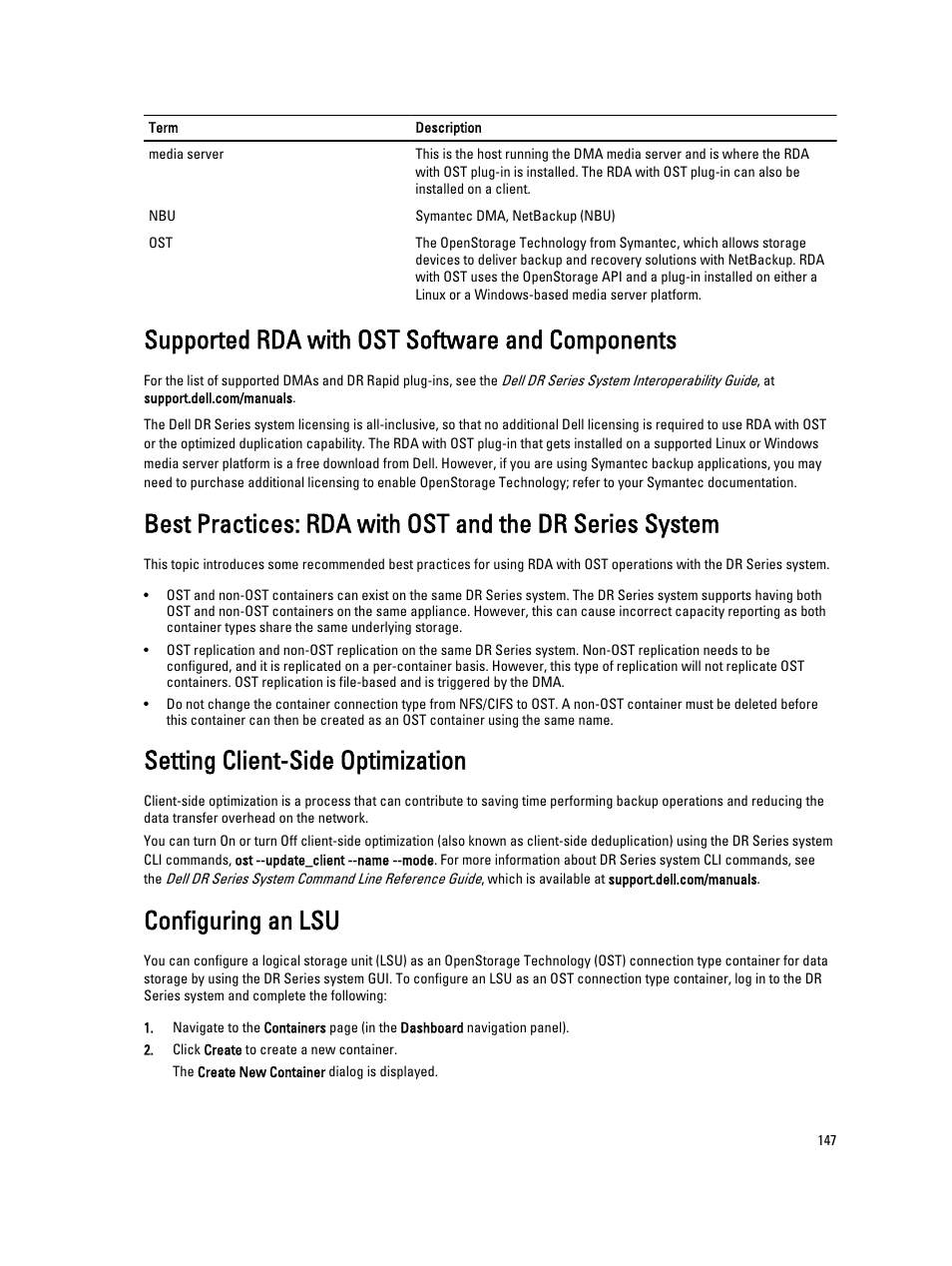 Supported rda with ost software and components, Setting client-side optimization, Configuring an lsu | Configuring an | Dell PowerVault DR2000v User Manual | Page 147 / 191
