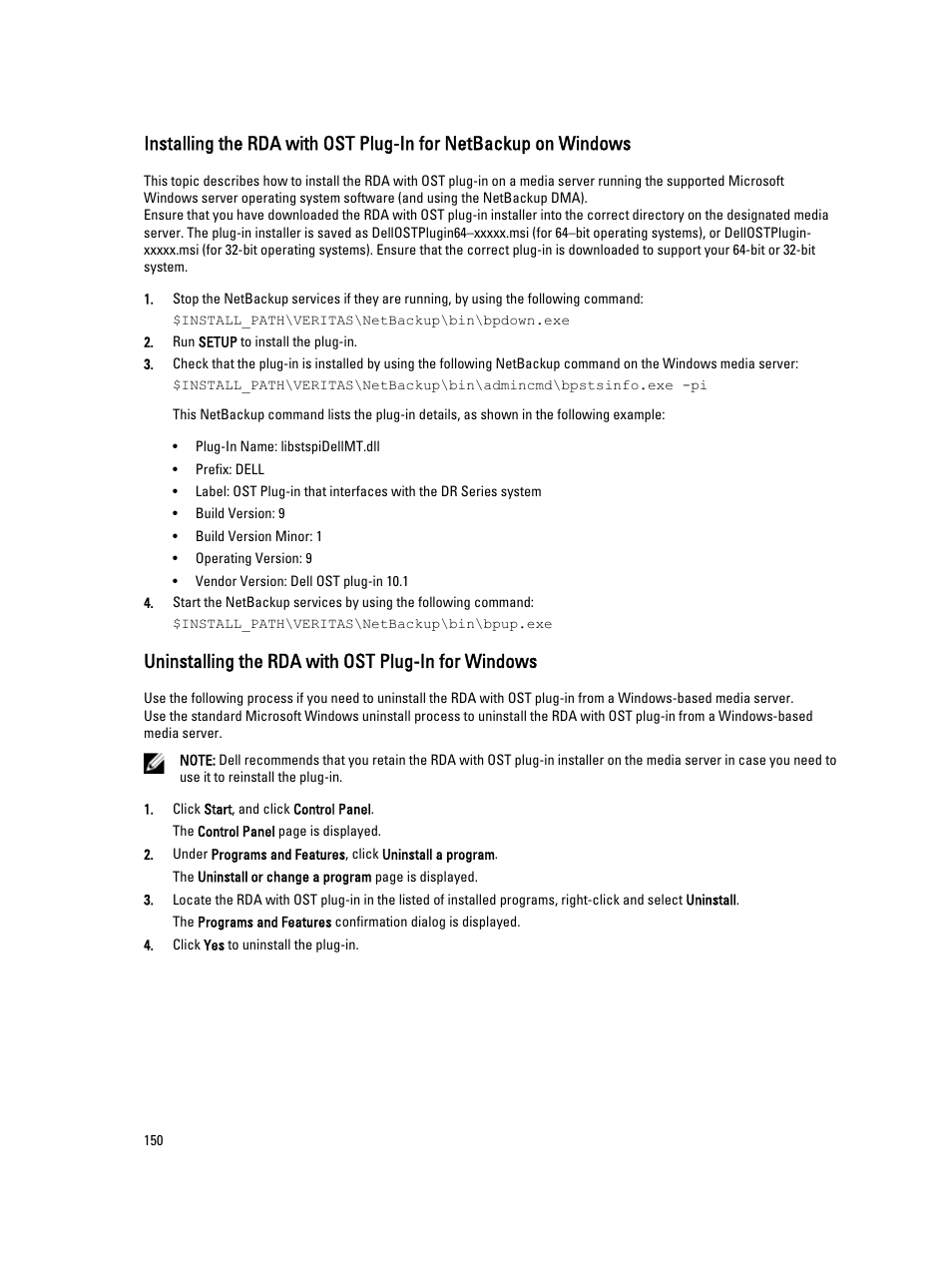 Uninstalling the rda with ost plug-in for windows | Dell PowerVault DR2000v User Manual | Page 150 / 191