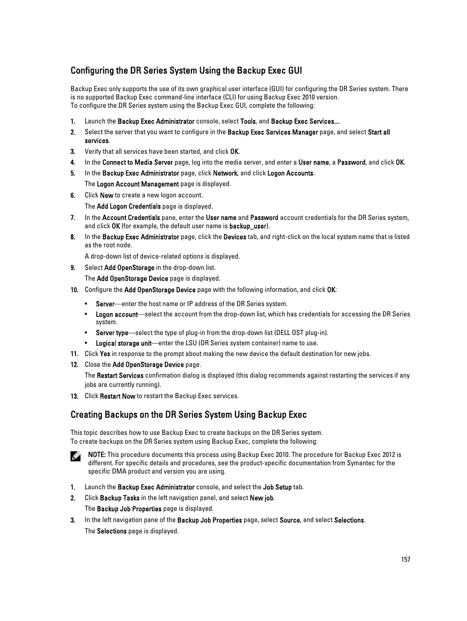 Configuring, The dr series system using the backup exec gui | Dell PowerVault DR2000v User Manual | Page 157 / 191