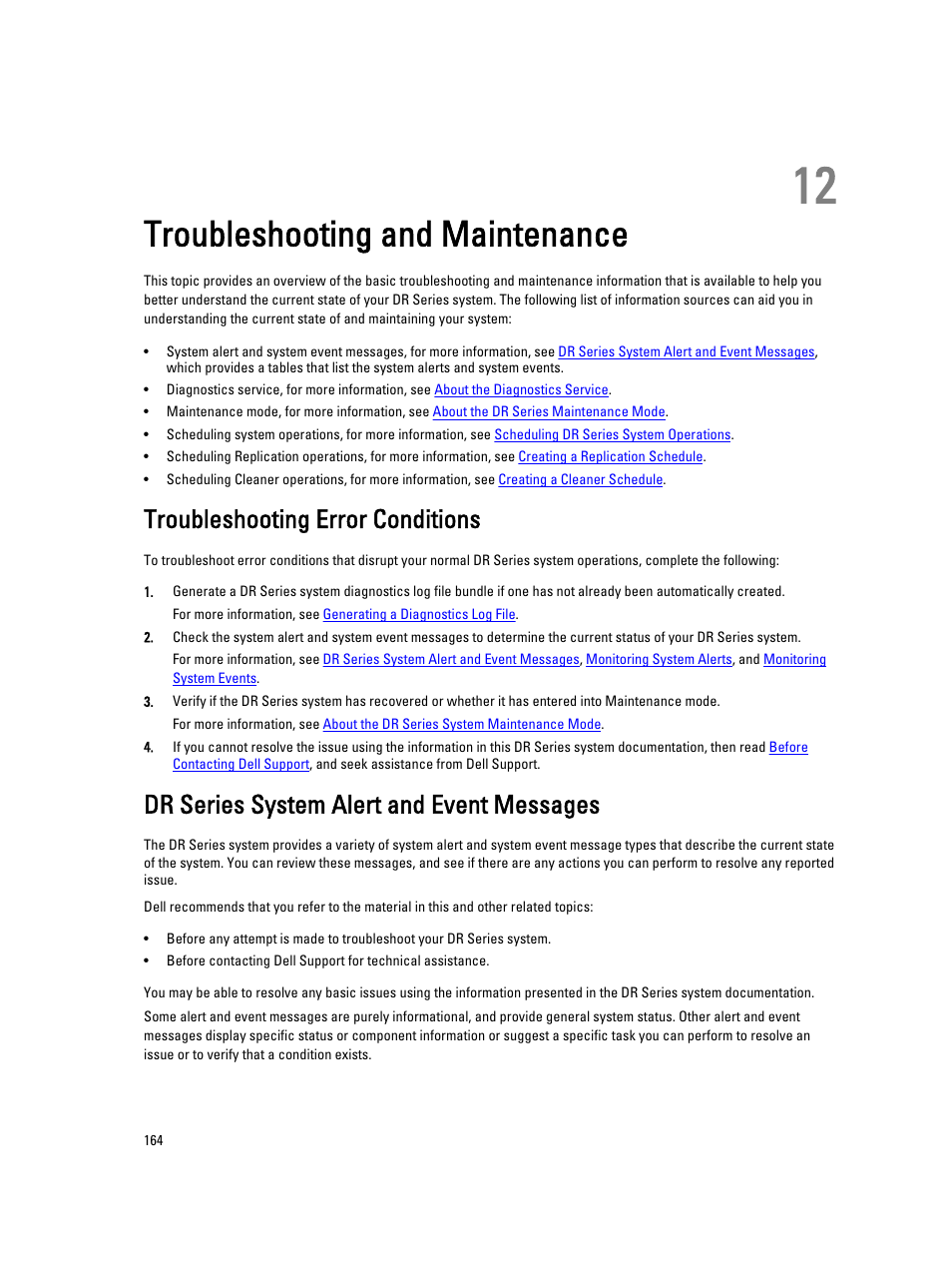 Troubleshooting and maintenance, Troubleshooting error conditions, Dr series system alert and event messages | 12 troubleshooting and maintenance | Dell PowerVault DR2000v User Manual | Page 164 / 191