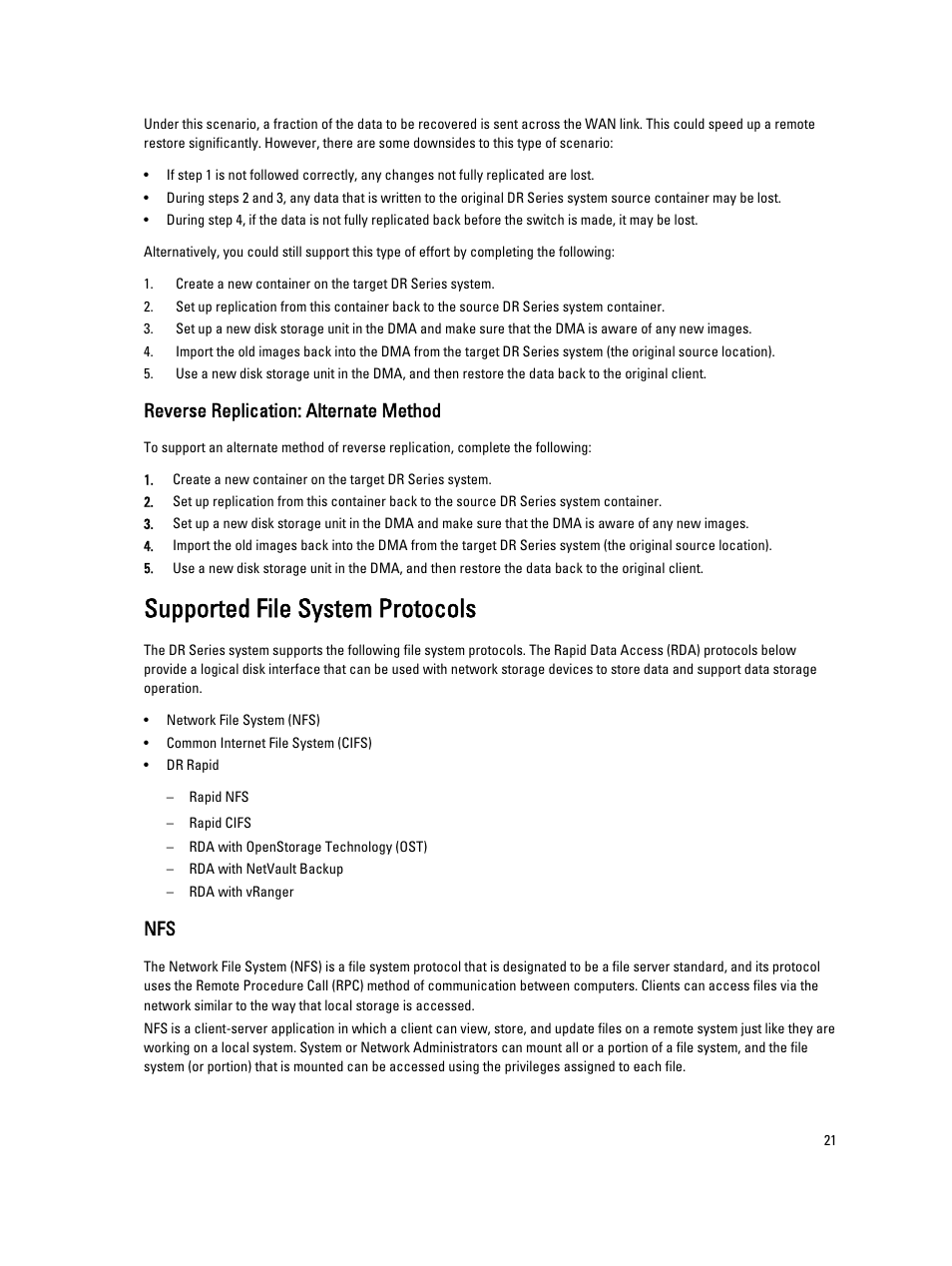 Reverse replication: alternate method, Supported file system protocols | Dell PowerVault DR2000v User Manual | Page 21 / 191
