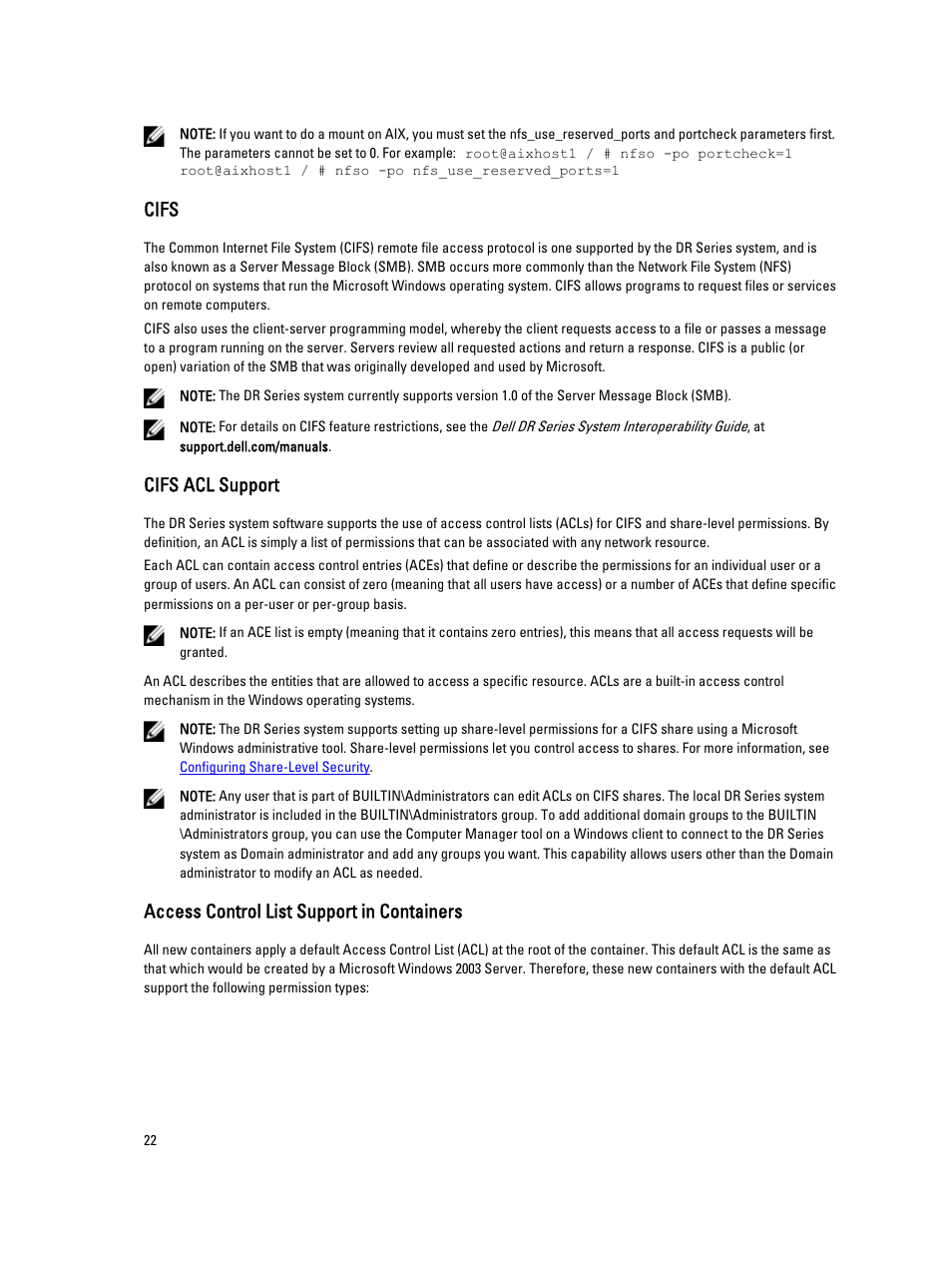 Cifs, Cifs acl support, Access control list support in containers | Dell PowerVault DR2000v User Manual | Page 22 / 191