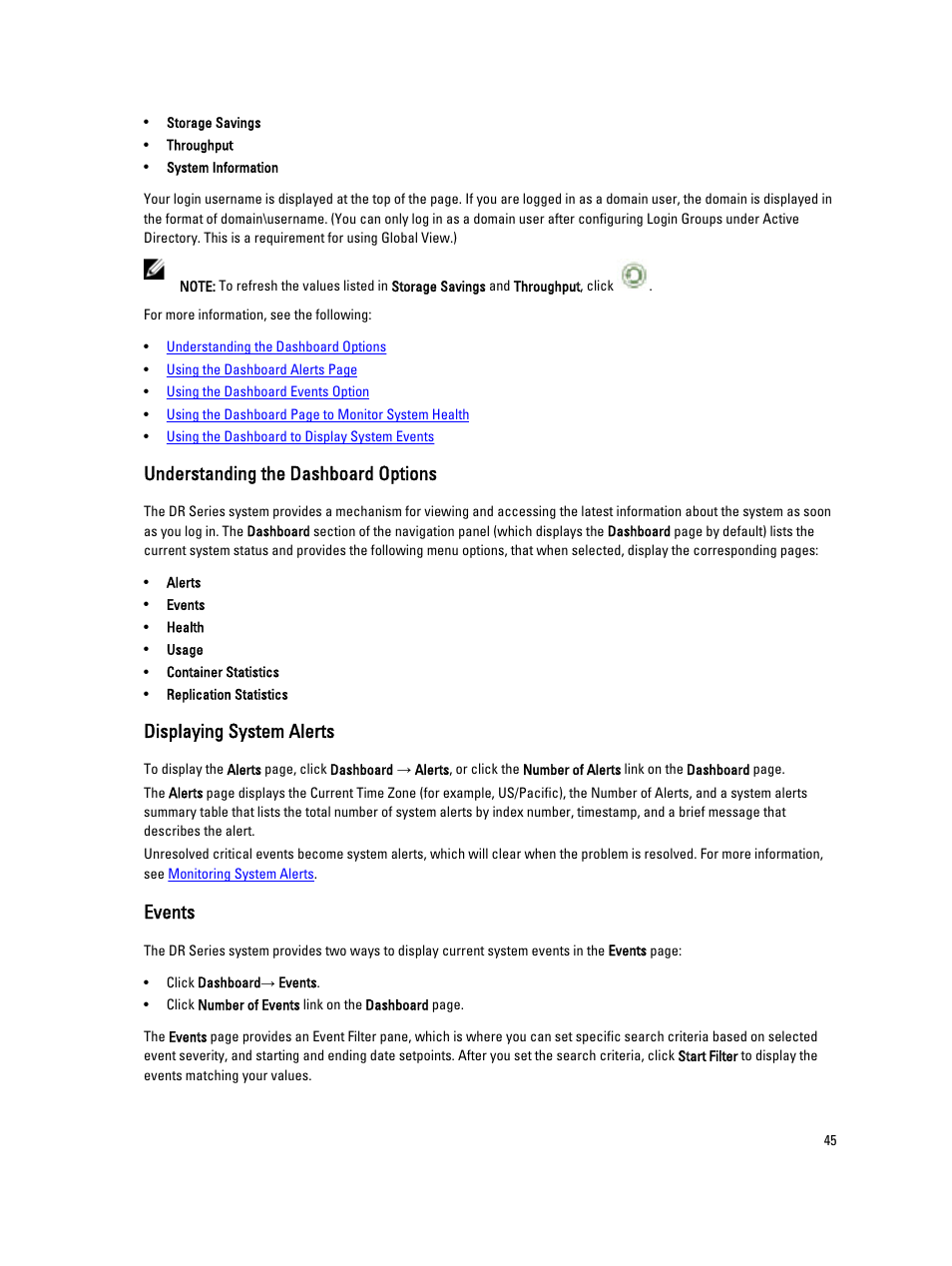 Understanding the dashboard options, Displaying system alerts, Events | Displaying, System alerts | Dell PowerVault DR2000v User Manual | Page 45 / 191