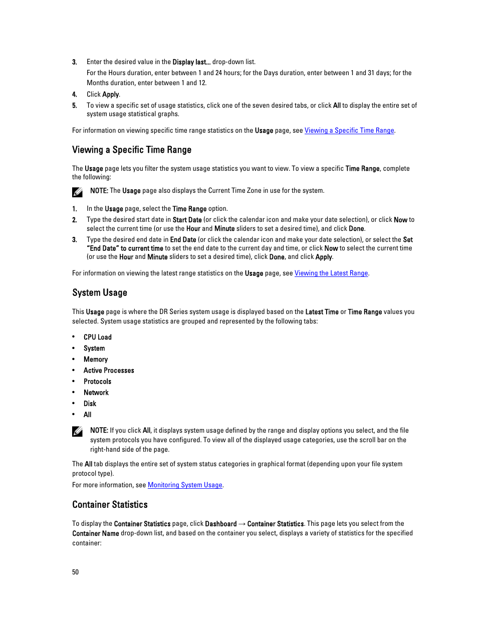 Viewing a specific time range, System usage, Container statistics | Dell PowerVault DR2000v User Manual | Page 50 / 191