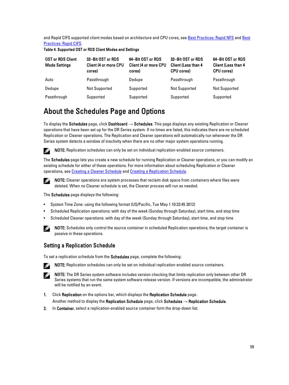 Setting a replication schedule, About the schedules page and options | Dell PowerVault DR2000v User Manual | Page 59 / 191