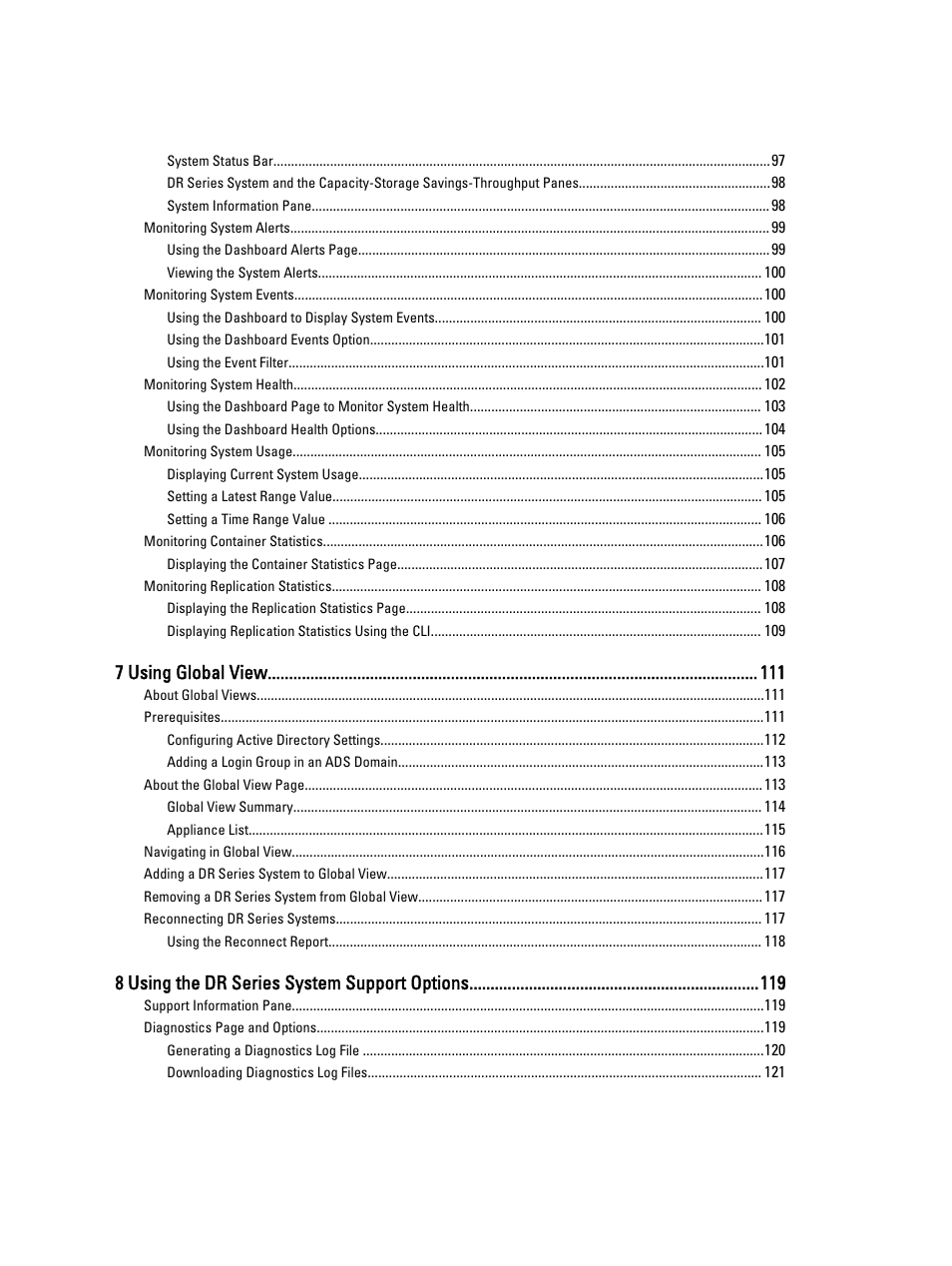 7 using global view, 8 using the dr series system support options | Dell PowerVault DR2000v User Manual | Page 6 / 191