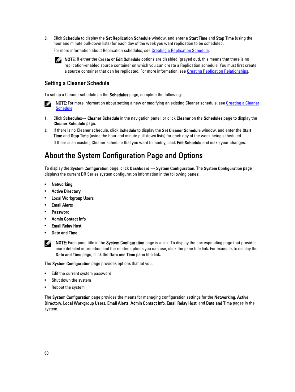 Setting a cleaner schedule, About the system configuration page and options | Dell PowerVault DR2000v User Manual | Page 60 / 191