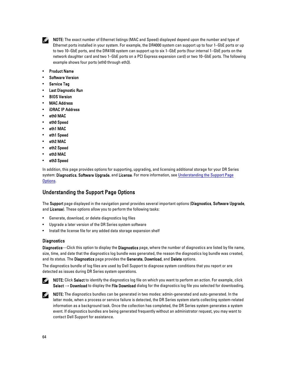 Understanding the support page options | Dell PowerVault DR2000v User Manual | Page 64 / 191