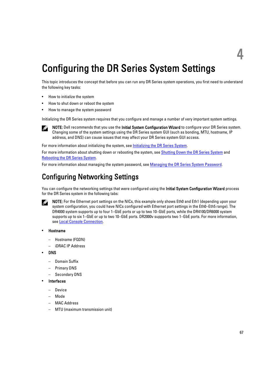 Configuring the dr series system settings, Configuring networking settings, 4 configuring the dr series system settings | Configuring networking, Settings | Dell PowerVault DR2000v User Manual | Page 67 / 191