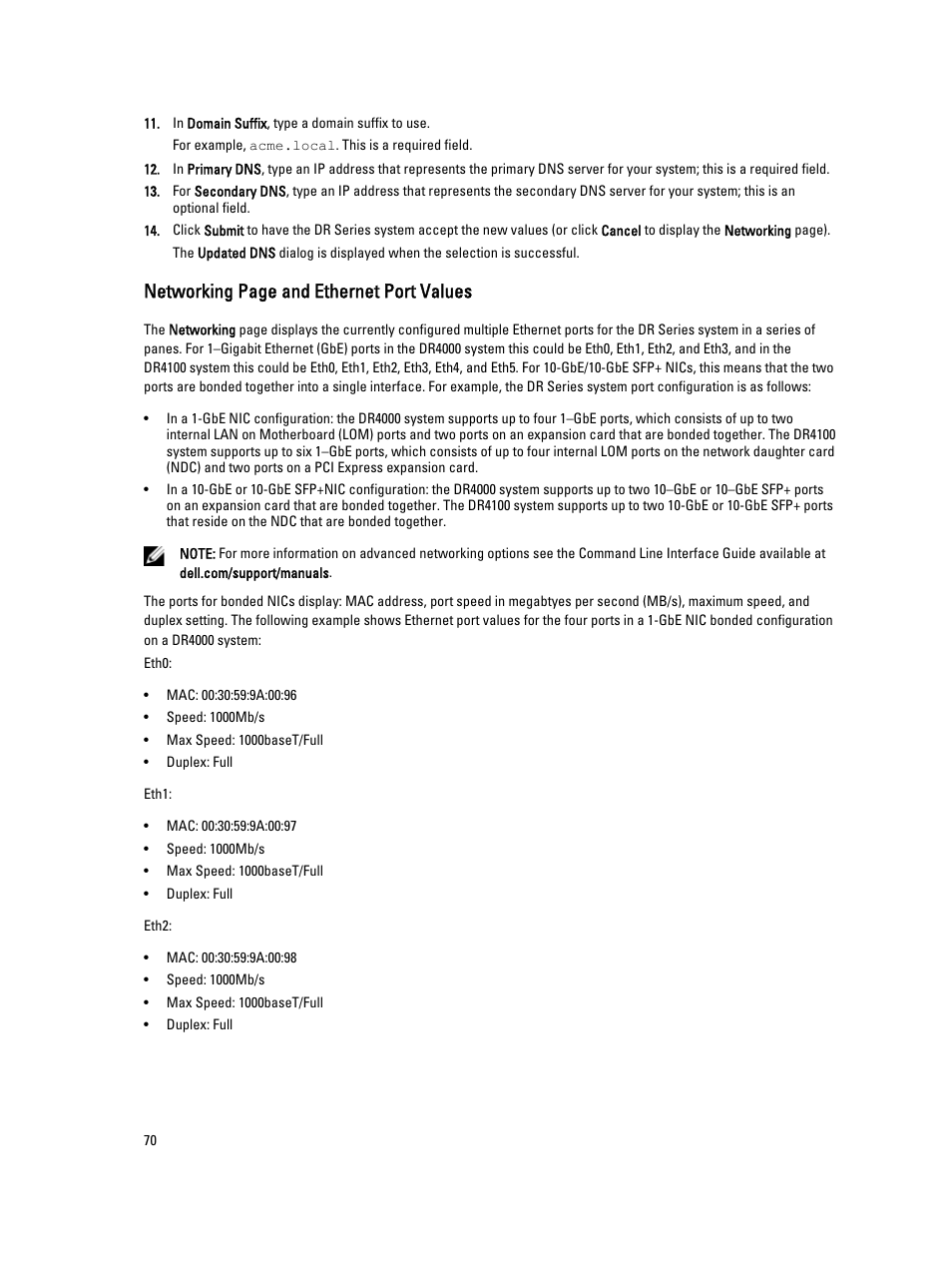 Networking page and ethernet port values | Dell PowerVault DR2000v User Manual | Page 70 / 191