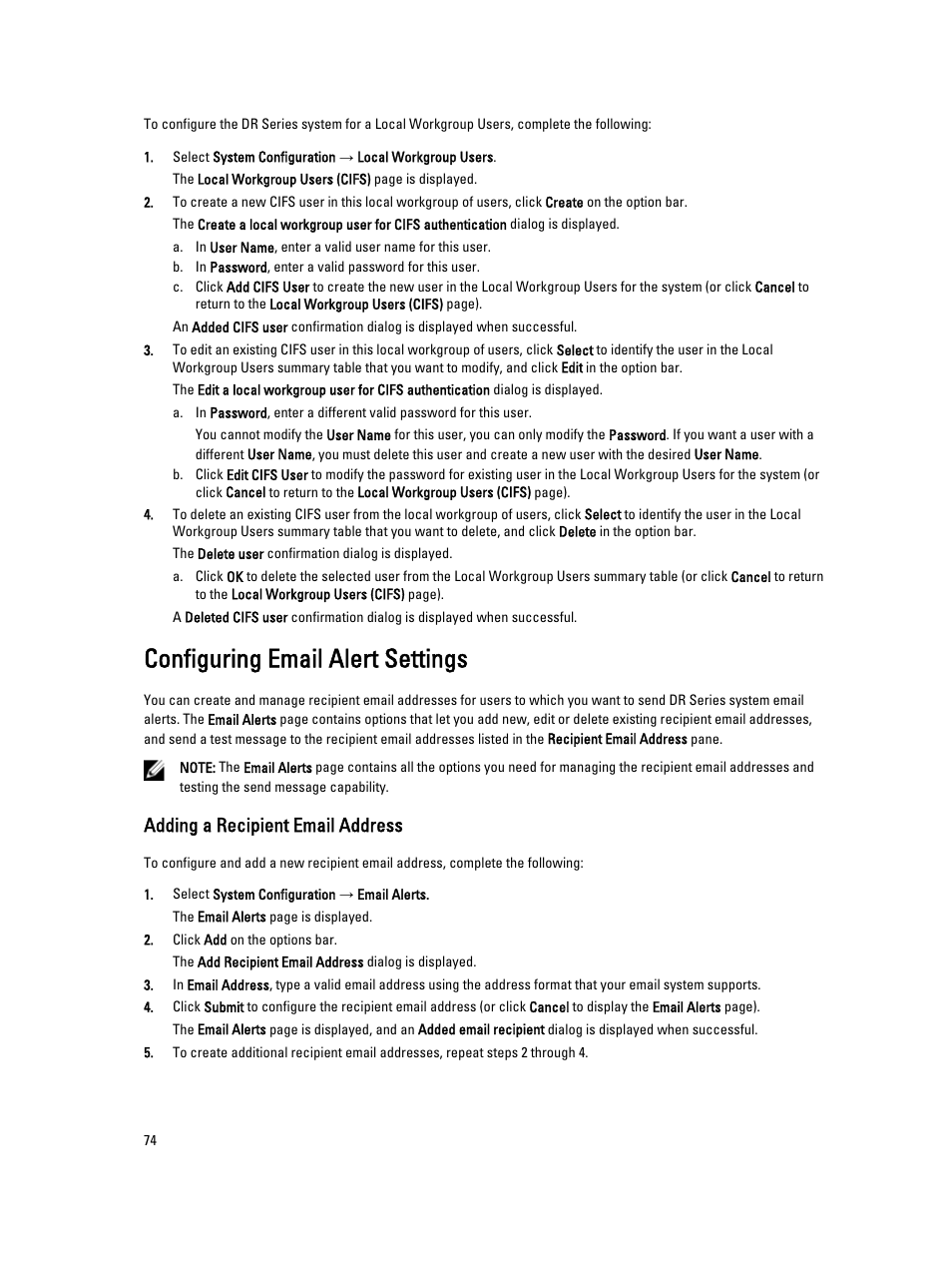 Configuring email alert settings, Adding a recipient email address | Dell PowerVault DR2000v User Manual | Page 74 / 191