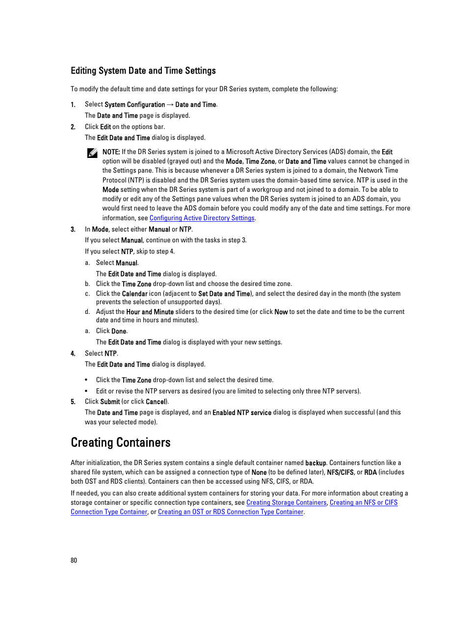 Editing system date and time settings, Creating containers | Dell PowerVault DR2000v User Manual | Page 80 / 191