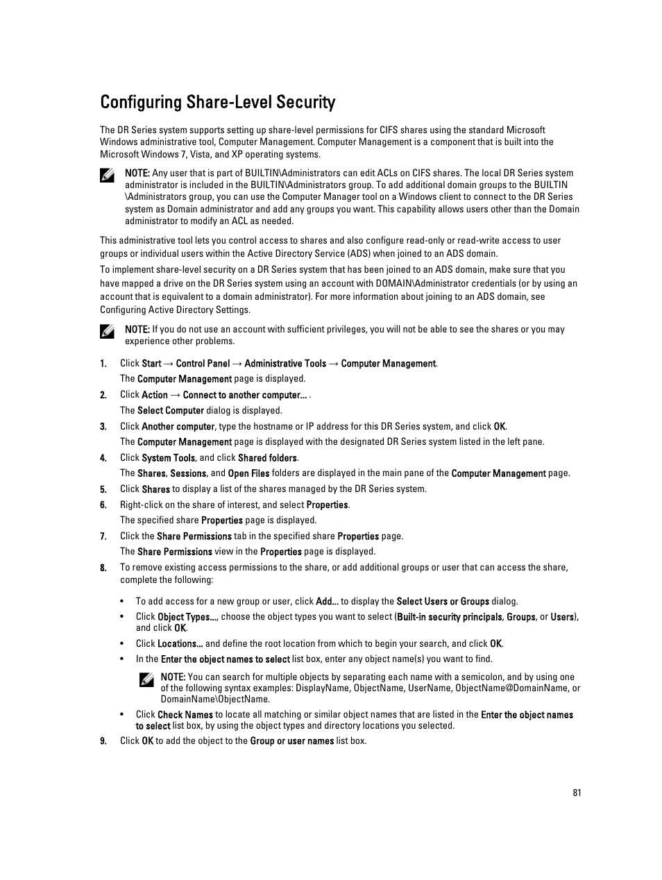 Configuring share-level security | Dell PowerVault DR2000v User Manual | Page 81 / 191