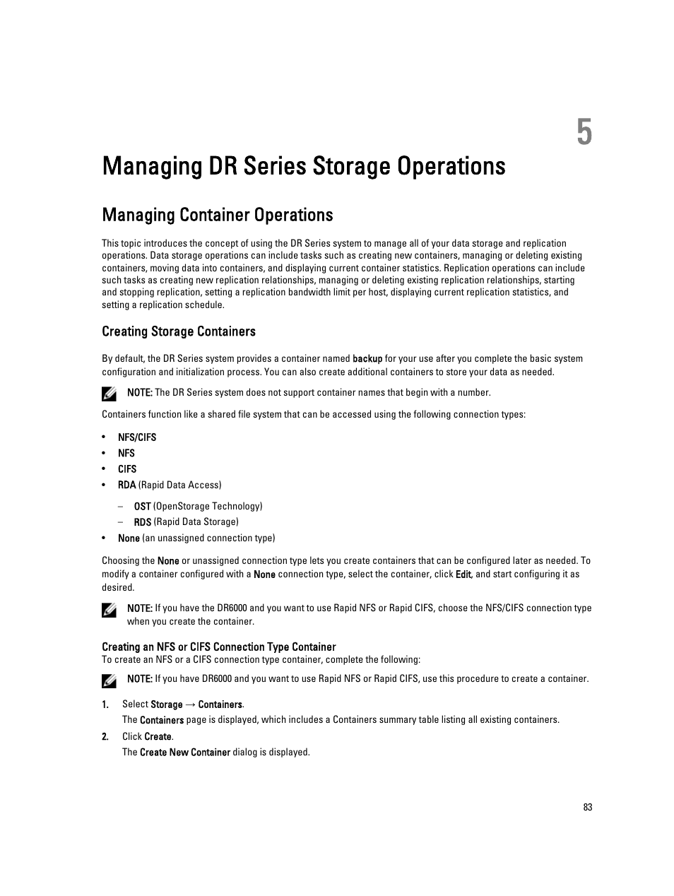 Managing dr series storage operations, Managing container operations, Creating storage containers | 5 managing dr series storage operations, Creating an nfs or cifs, Connection type container | Dell PowerVault DR2000v User Manual | Page 83 / 191