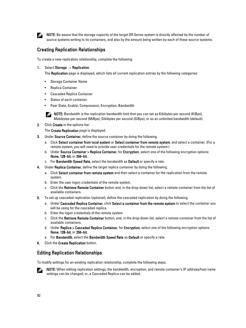 Creating replication relationships, Editing replication relationships | Dell PowerVault DR2000v User Manual | Page 92 / 191