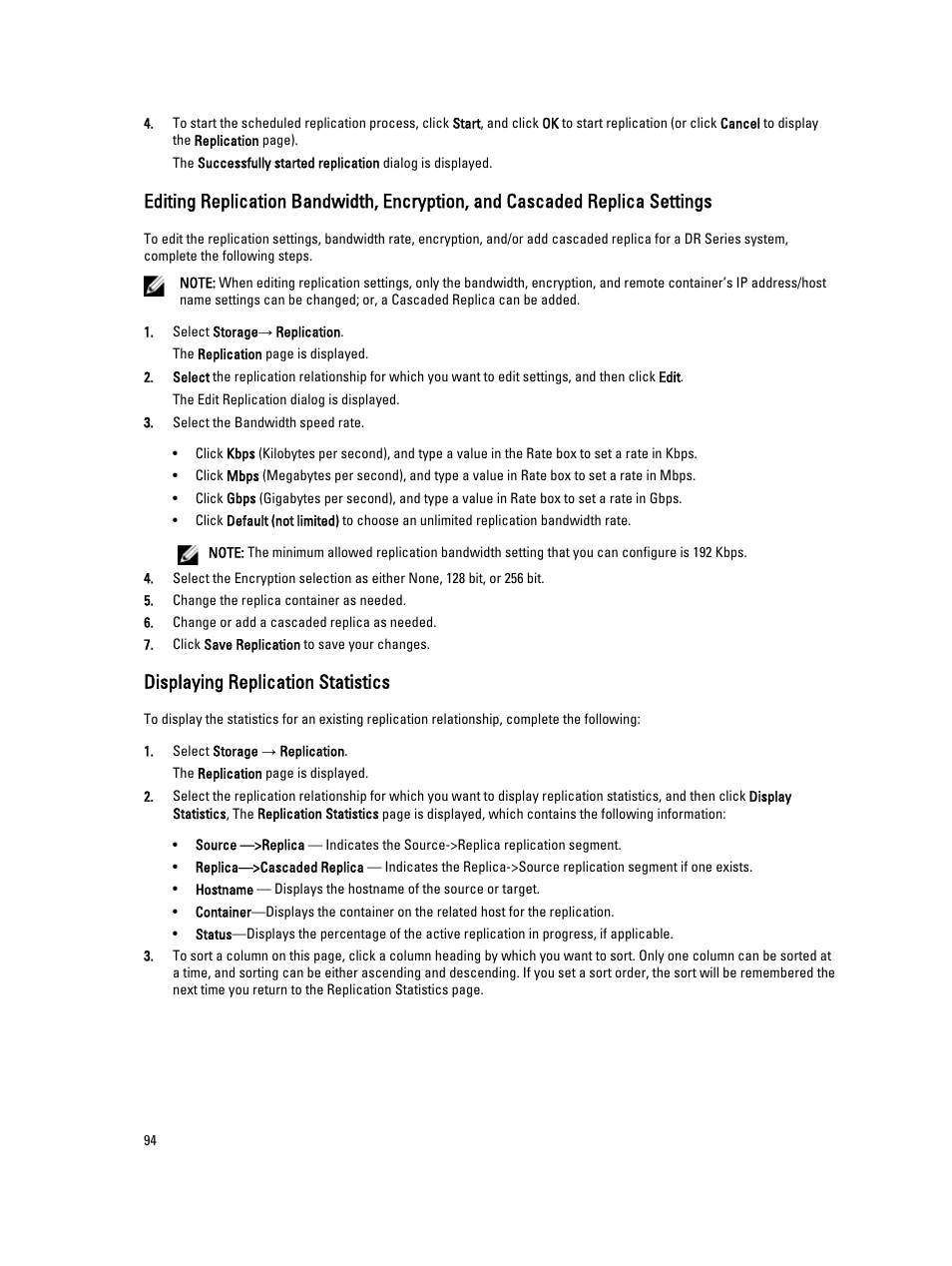 Displaying replication statistics | Dell PowerVault DR2000v User Manual | Page 94 / 191