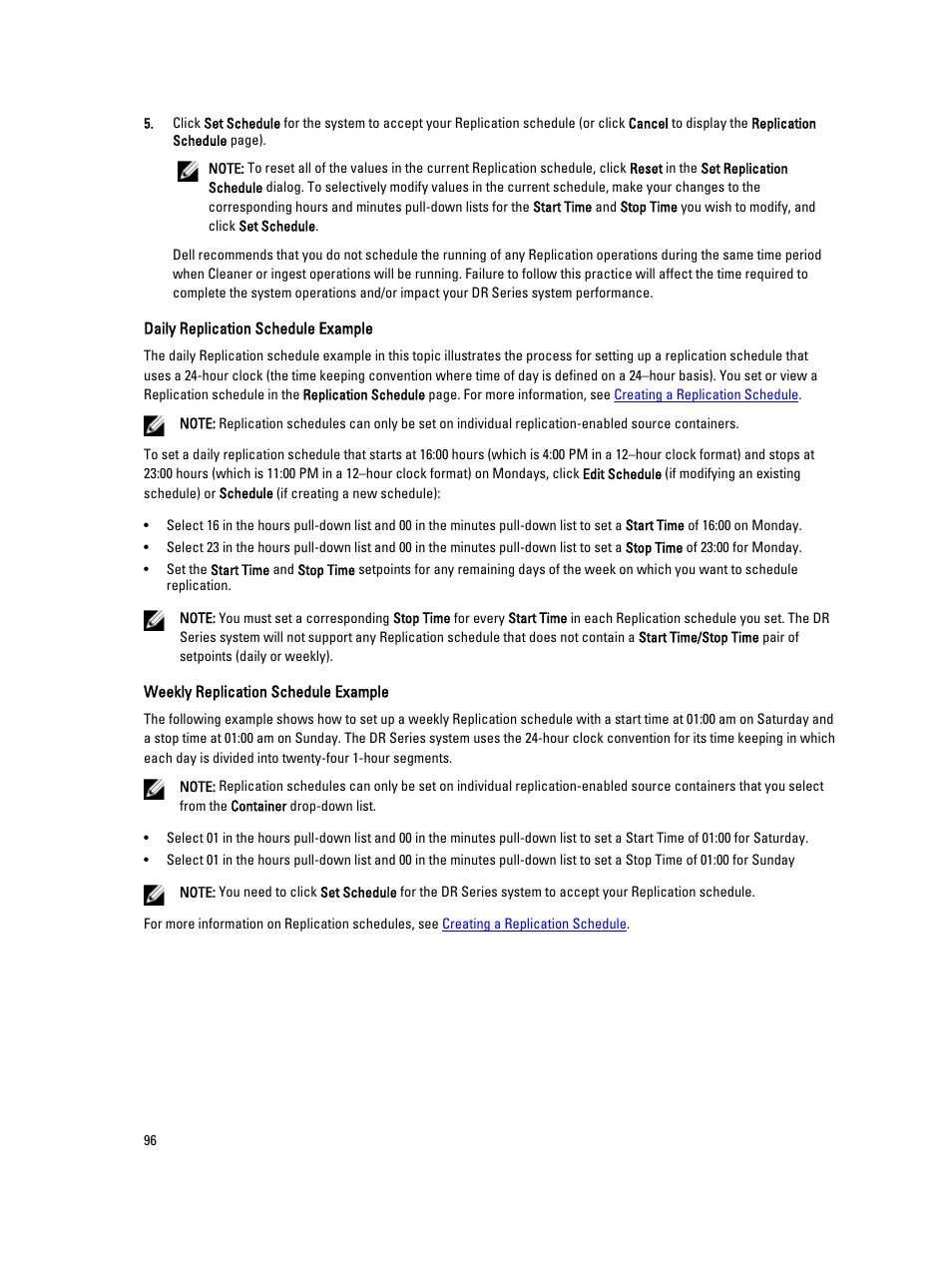 Daily replication schedule example, Weekly replication, Schedule example | Dell PowerVault DR2000v User Manual | Page 96 / 191