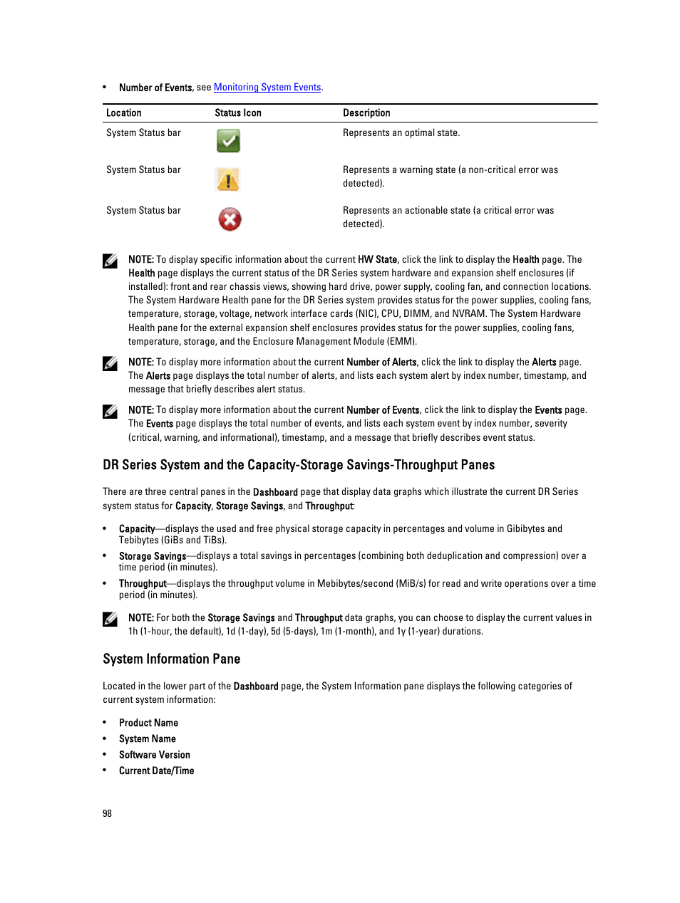 System information pane, System information pane, see | Dell PowerVault DR2000v User Manual | Page 98 / 191