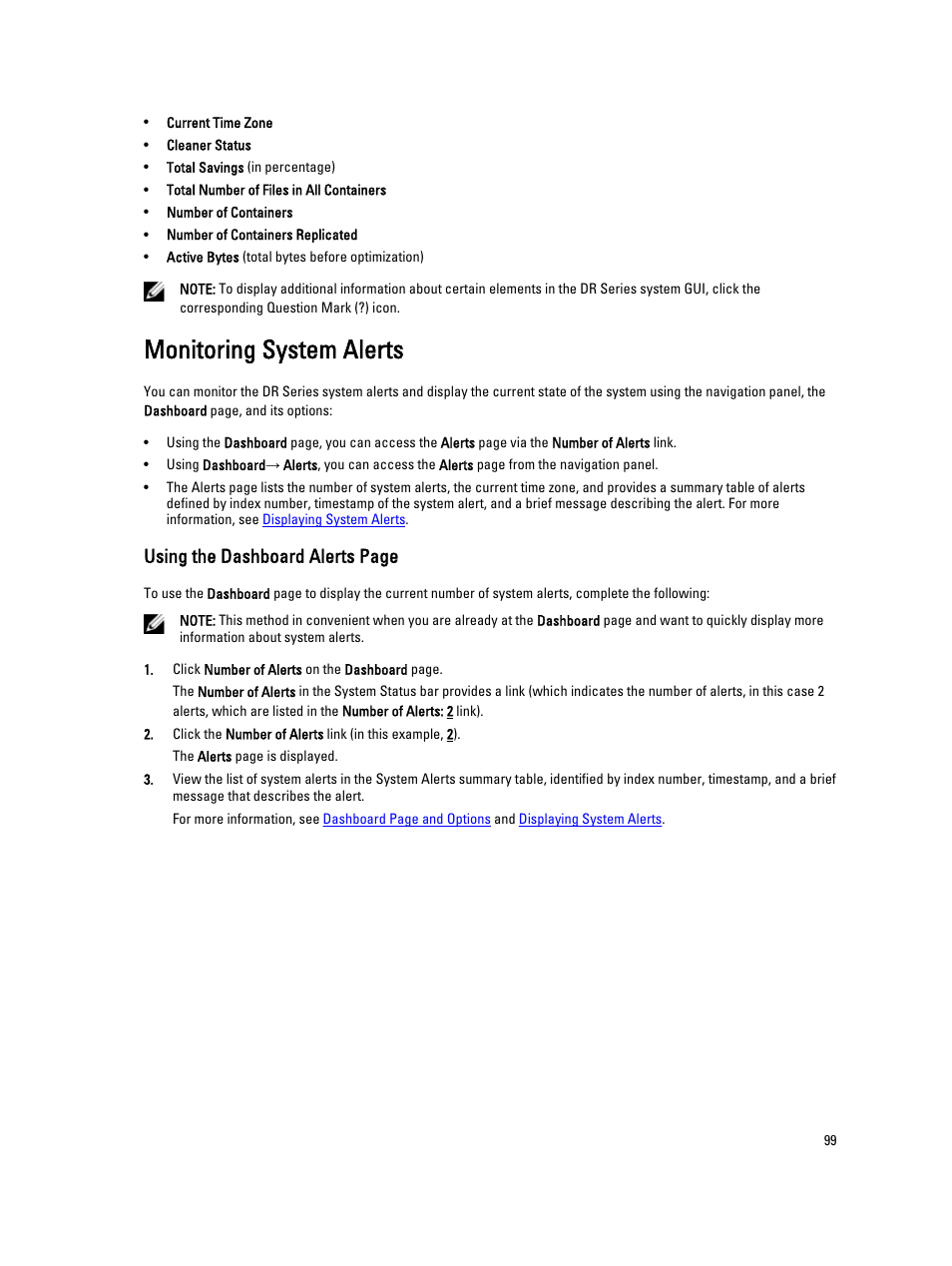 Monitoring system alerts, Using the dashboard alerts page | Dell PowerVault DR2000v User Manual | Page 99 / 191