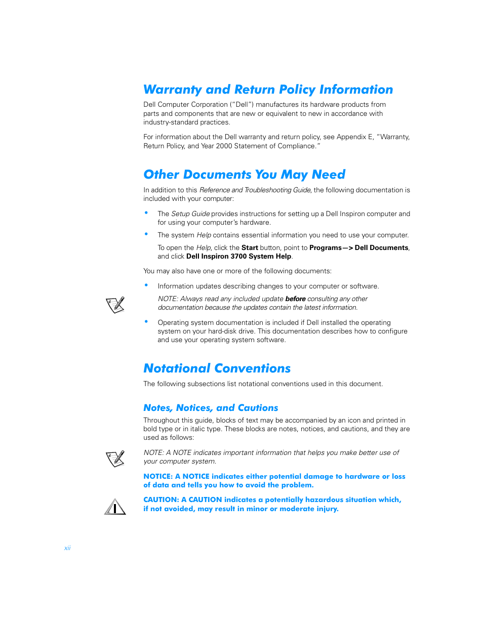 Warranty and return policy information, Other documents you may need, Notational conventions | Notes, notices, and cautions | Dell Inspiron 3700 User Manual | Page 10 / 178