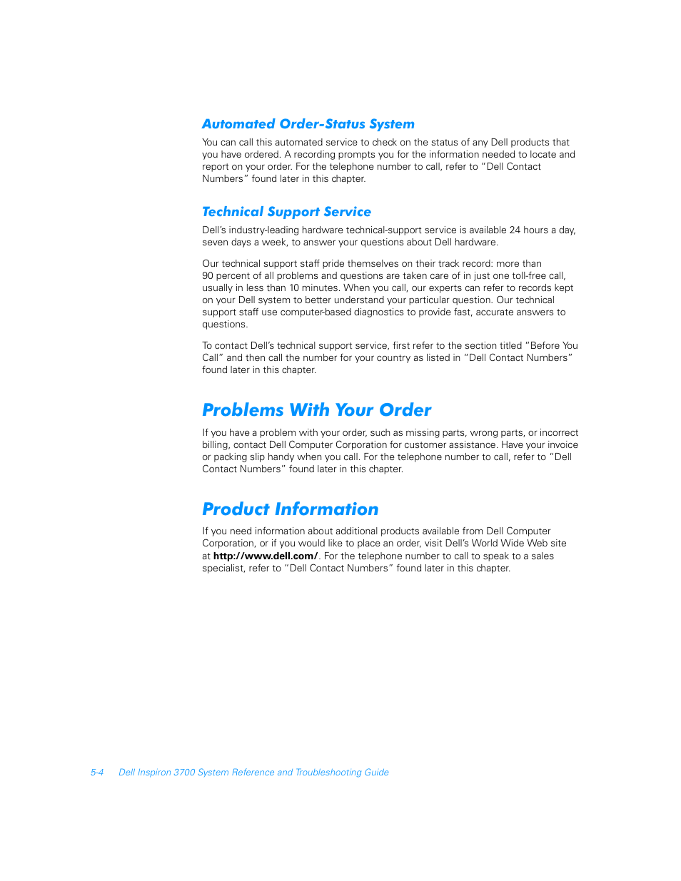 Automated order-status system, Technical support service, Problems with your order | Product information, Automated order-status system -4, Technical support service -4, Problems with your order -4, Product information -4 | Dell Inspiron 3700 User Manual | Page 100 / 178