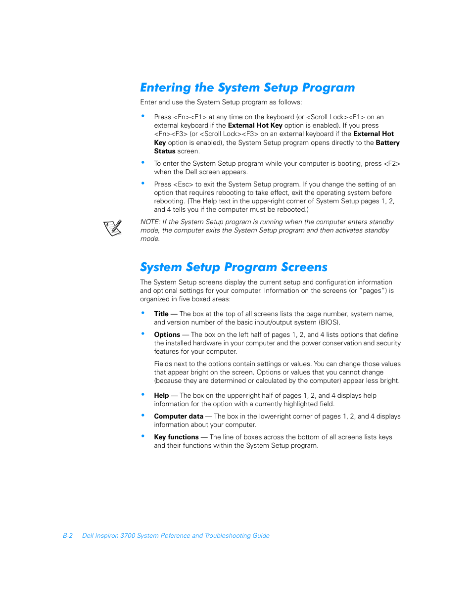 Entering the system setup program, System setup program screens | Dell Inspiron 3700 User Manual | Page 126 / 178