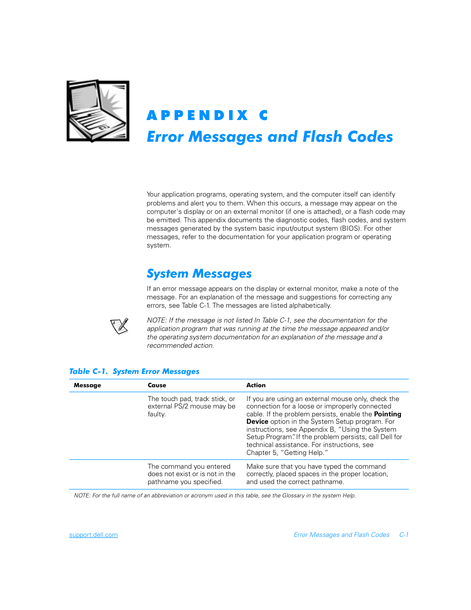 Error messages and flash codes, System messages, Table c-1 | System error messages | Dell Inspiron 3700 User Manual | Page 147 / 178