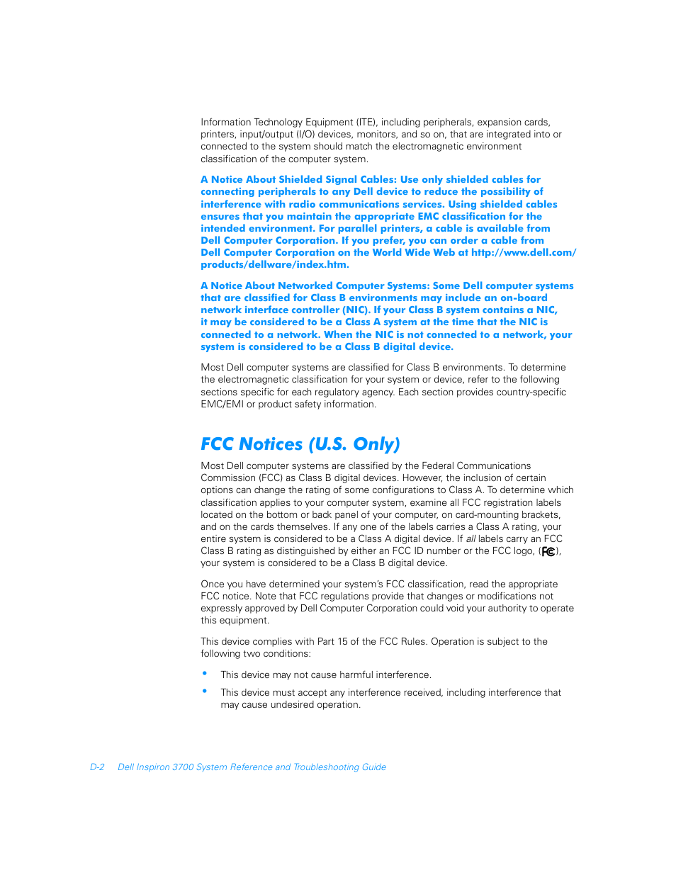Fcc notices (u.s. only) | Dell Inspiron 3700 User Manual | Page 158 / 178