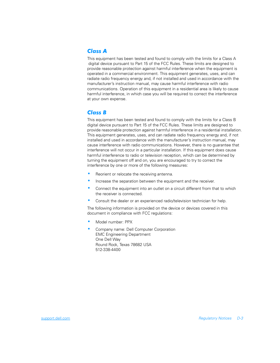 Class a, Class b | Dell Inspiron 3700 User Manual | Page 159 / 178