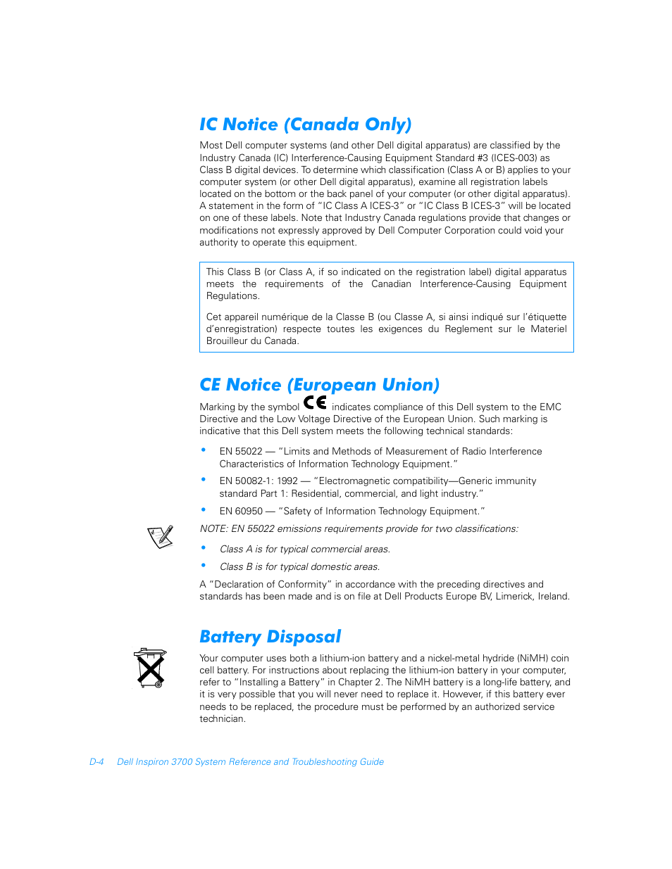 Ic notice (canada only), Ce notice (european union), Battery disposal | Dell Inspiron 3700 User Manual | Page 160 / 178