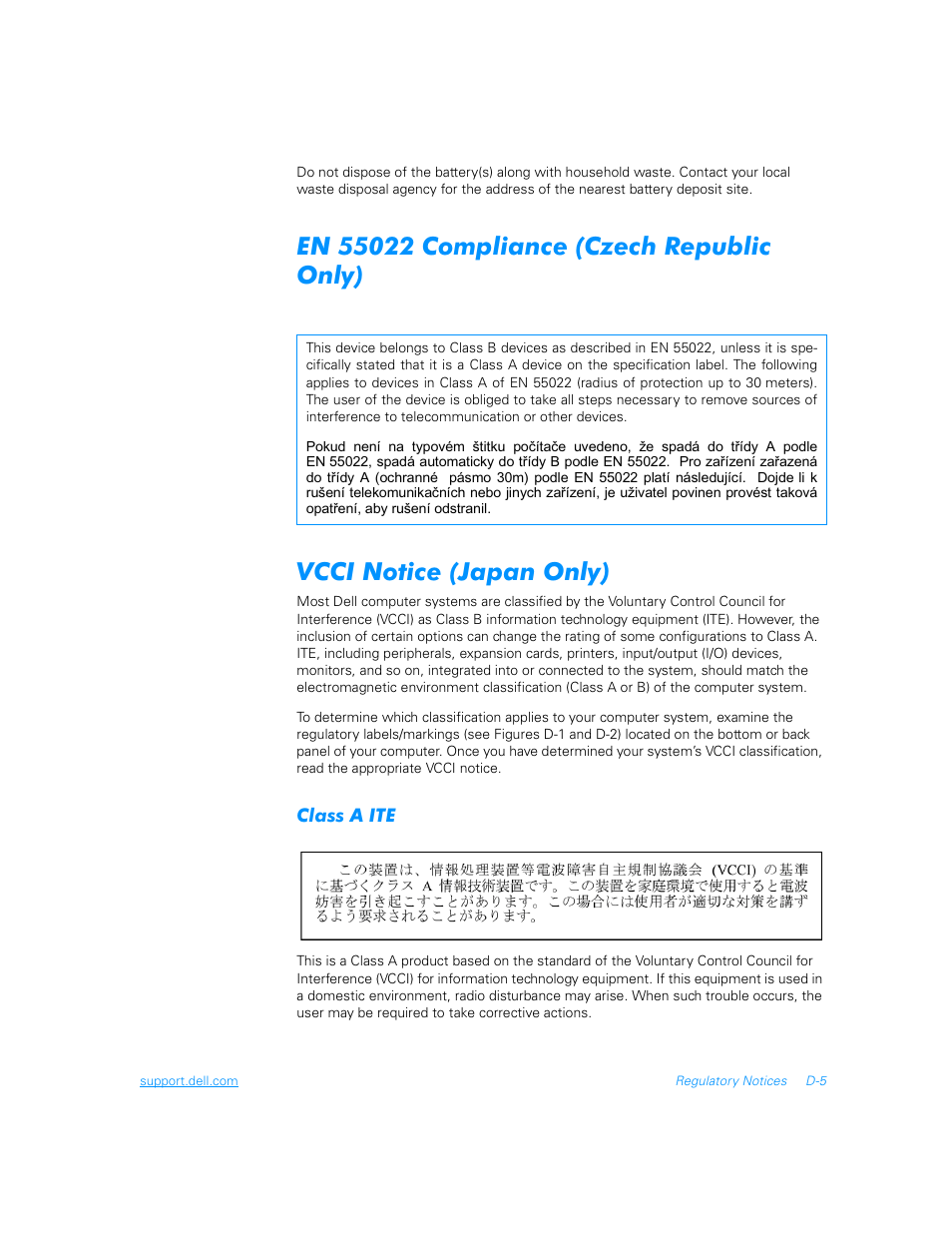 En 55022 compliance (czech republic only), Vcci notice (japan only), Class a ite | Dell Inspiron 3700 User Manual | Page 161 / 178