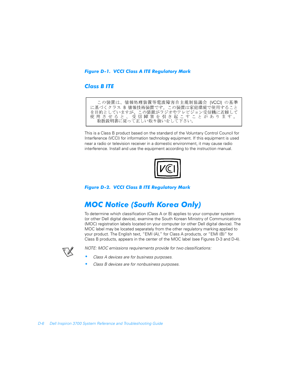 Class b ite, Moc notice (south korea only), Figure 5-1 | Diagnostics checklist, Figure d-1, Figure d-2, Vcci-a | Dell Inspiron 3700 User Manual | Page 162 / 178