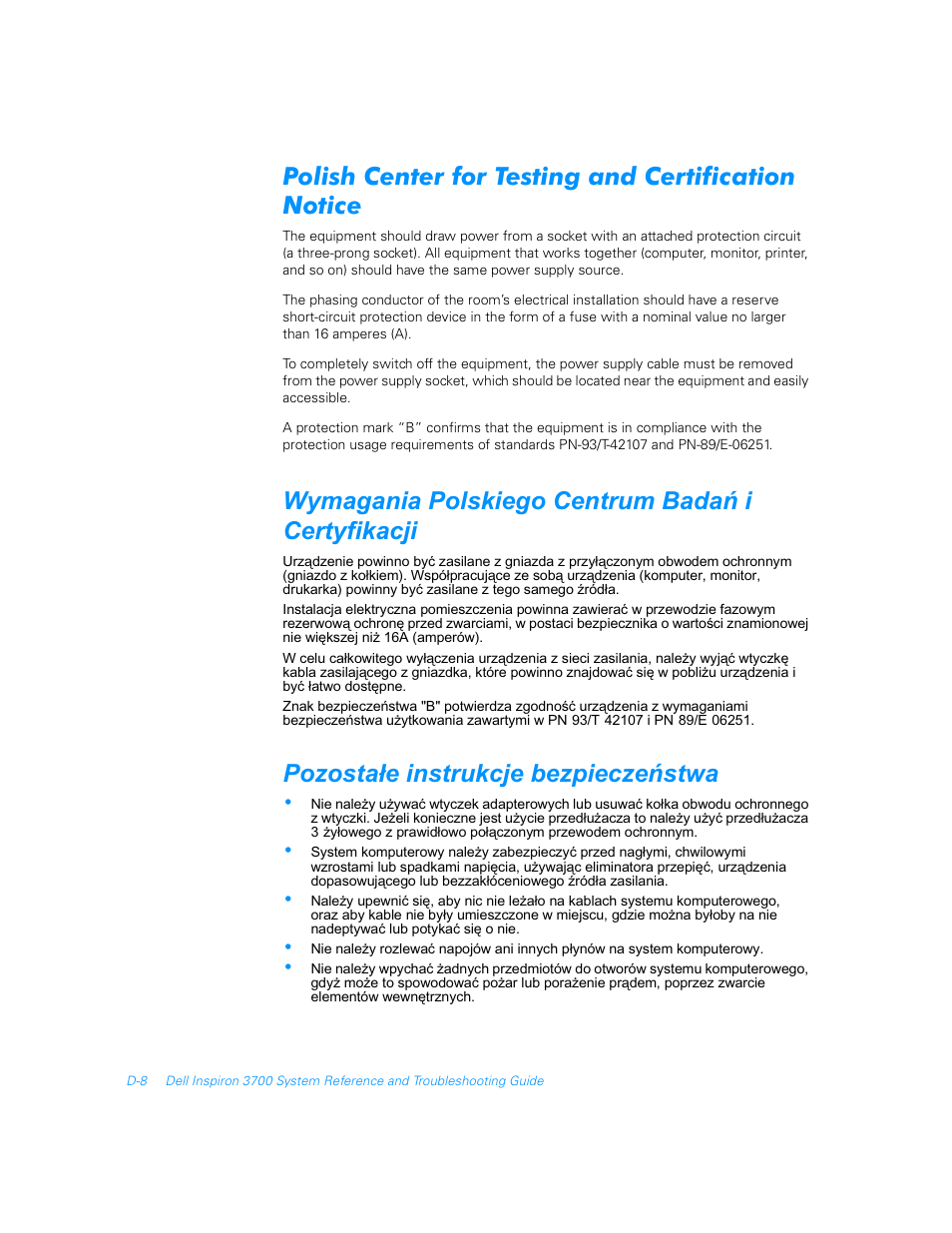 Polish center for testing and certification notice, Wymagania polskiego centrum badaò i certyfikacji, Pozosta³e instrukcje bezpieczeòstwa | Dell Inspiron 3700 User Manual | Page 164 / 178