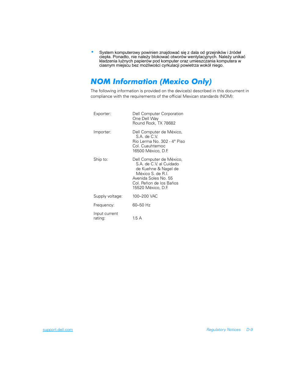 Nom information (mexico only) | Dell Inspiron 3700 User Manual | Page 165 / 178
