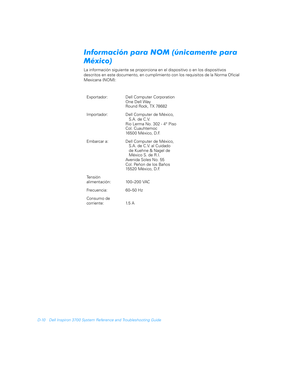 Información para nom (únicamente para méxico) | Dell Inspiron 3700 User Manual | Page 166 / 178
