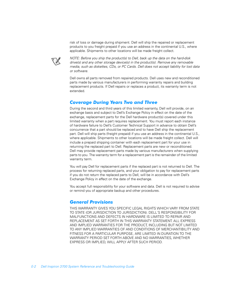 Coverage during years two and three, General provisions | Dell Inspiron 3700 User Manual | Page 168 / 178