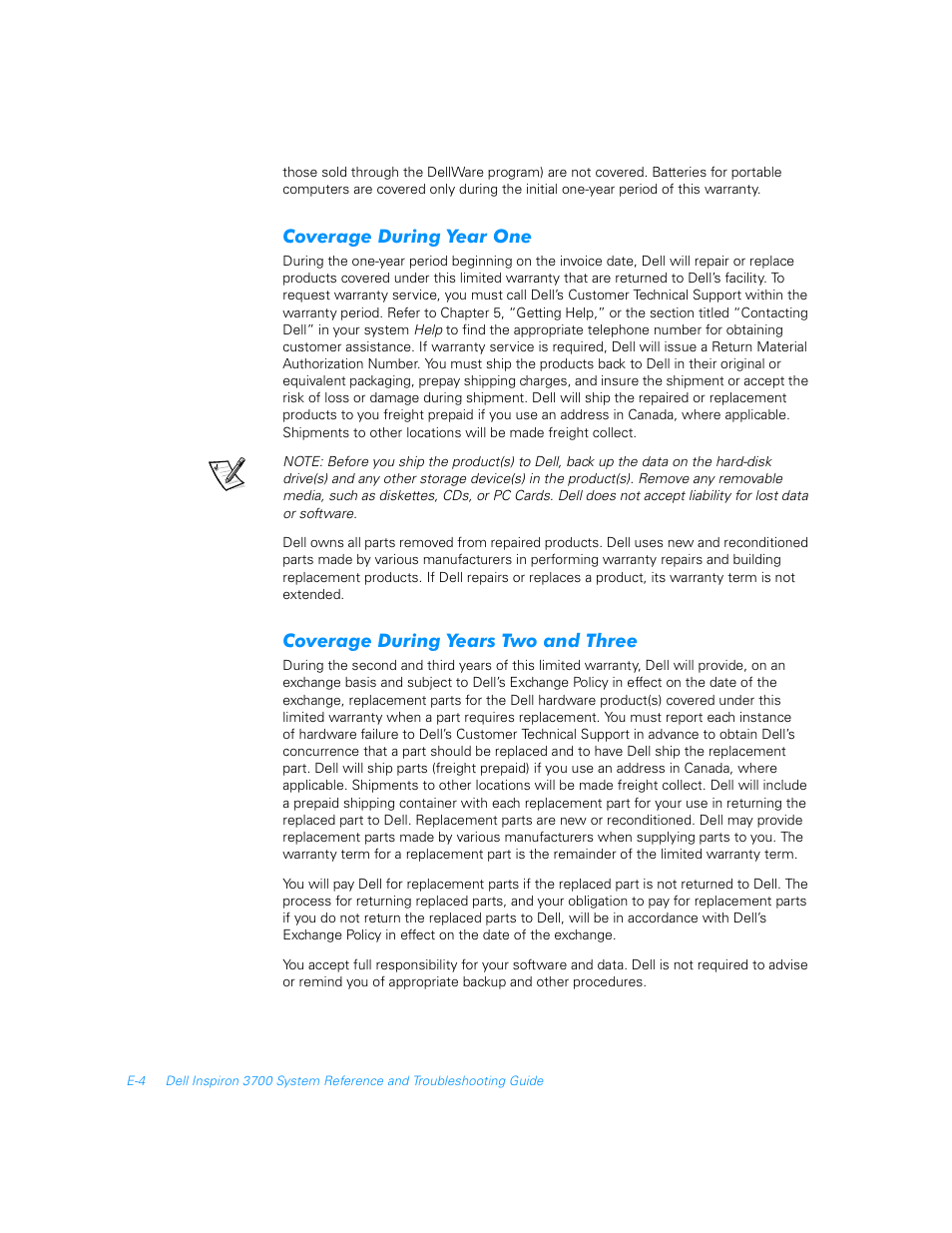 Coverage during year one, Coverage during years two and three | Dell Inspiron 3700 User Manual | Page 170 / 178