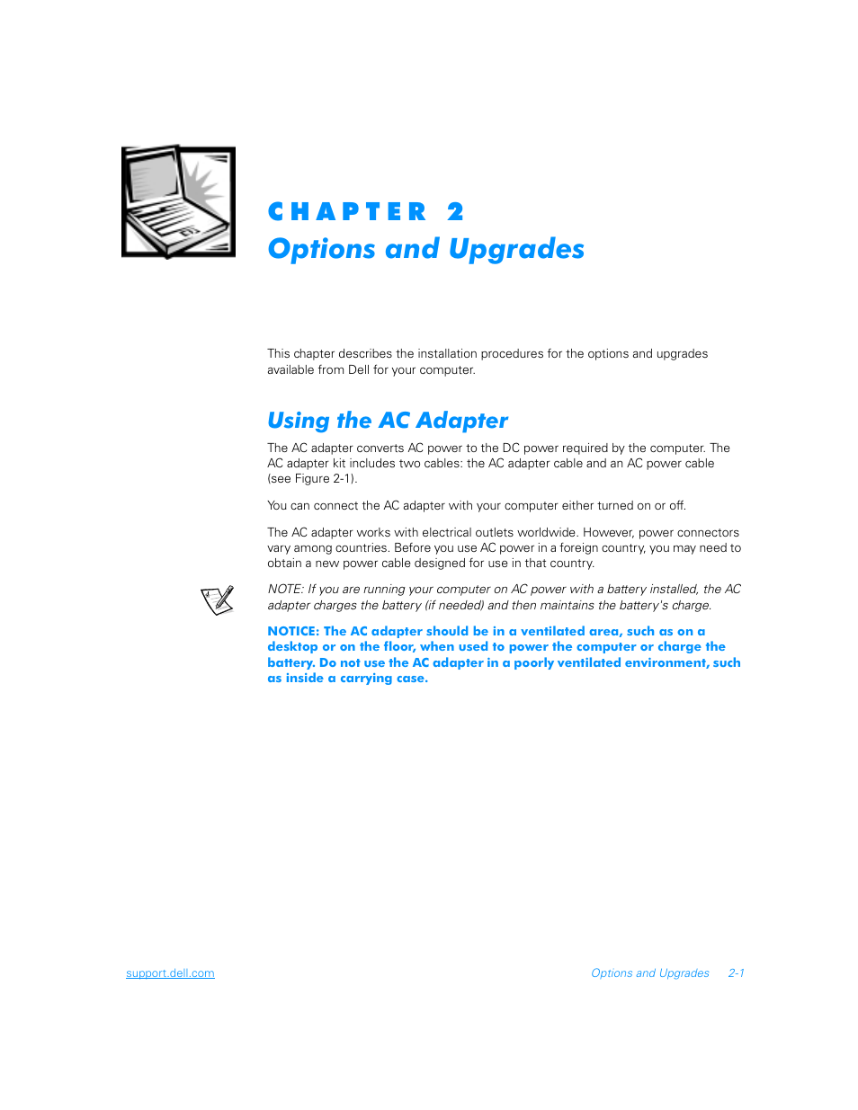 Options and upgrades, Using the ac adapter, Using the ac adapter -1 | Dell Inspiron 3700 User Manual | Page 29 / 178