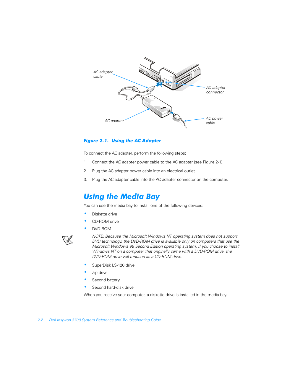 Using the media bay, Using the media bay -2, Figure 2-1 | Using the ac adapter -2 | Dell Inspiron 3700 User Manual | Page 30 / 178