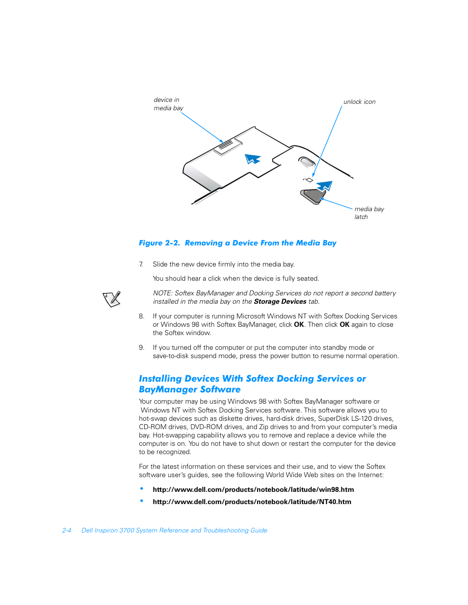 Figure 2-2, Removing a device from the media bay -4 | Dell Inspiron 3700 User Manual | Page 32 / 178
