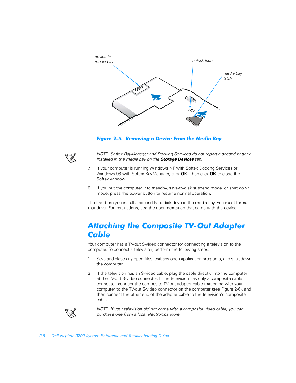 Attaching the composite tv-out adapter cable, Attaching the composite tv-out adapter cable -8, Figure 2-5 | Removing a device from the media bay -8 | Dell Inspiron 3700 User Manual | Page 36 / 178