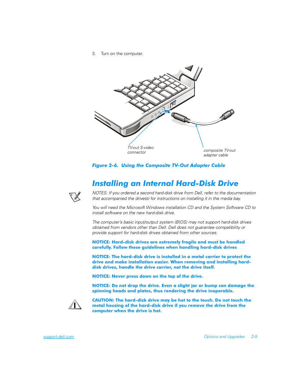 Installing an internal hard-disk drive, Installing an internal hard-disk drive -9, Figure 2-6 | Using the composite tv-out adapter cable -9 | Dell Inspiron 3700 User Manual | Page 37 / 178