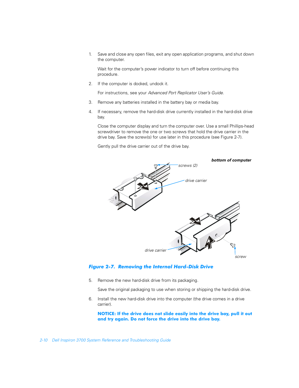 Figure 2-7, Removing the internal hard-disk drive -10 | Dell Inspiron 3700 User Manual | Page 38 / 178