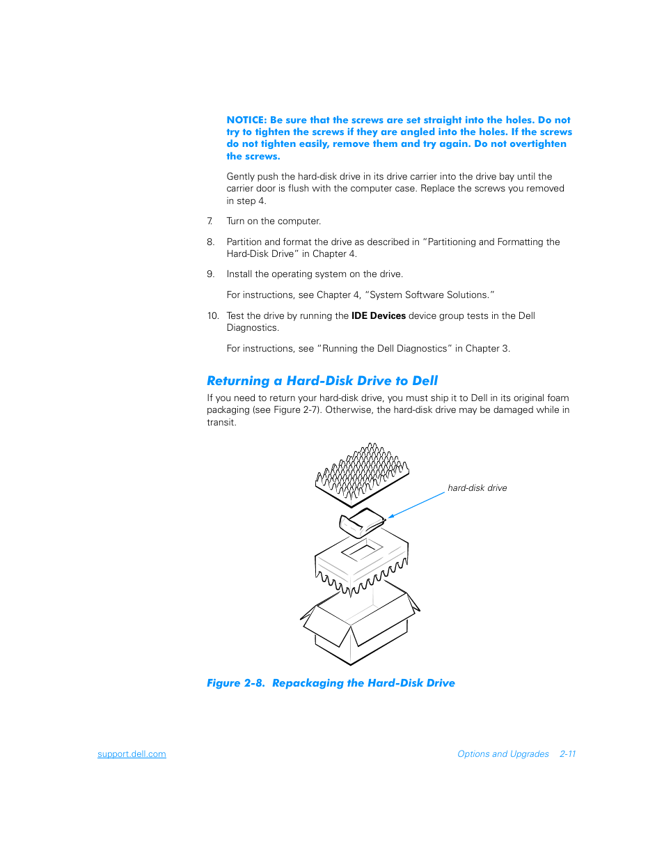 Returning a hard-disk drive to dell, Returning a hard-disk drive to dell -11, Figure 2-8 | Repackaging the hard-disk drive -11 | Dell Inspiron 3700 User Manual | Page 39 / 178