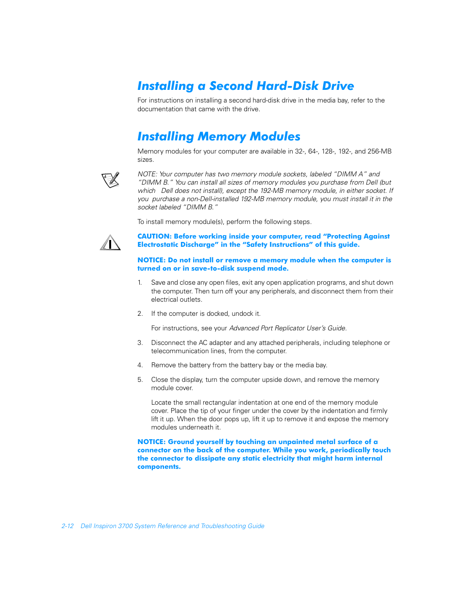 Installing a second hard-disk drive, Installing memory modules, Installing a second hard-disk drive -12 | Installing memory modules -12 | Dell Inspiron 3700 User Manual | Page 40 / 178